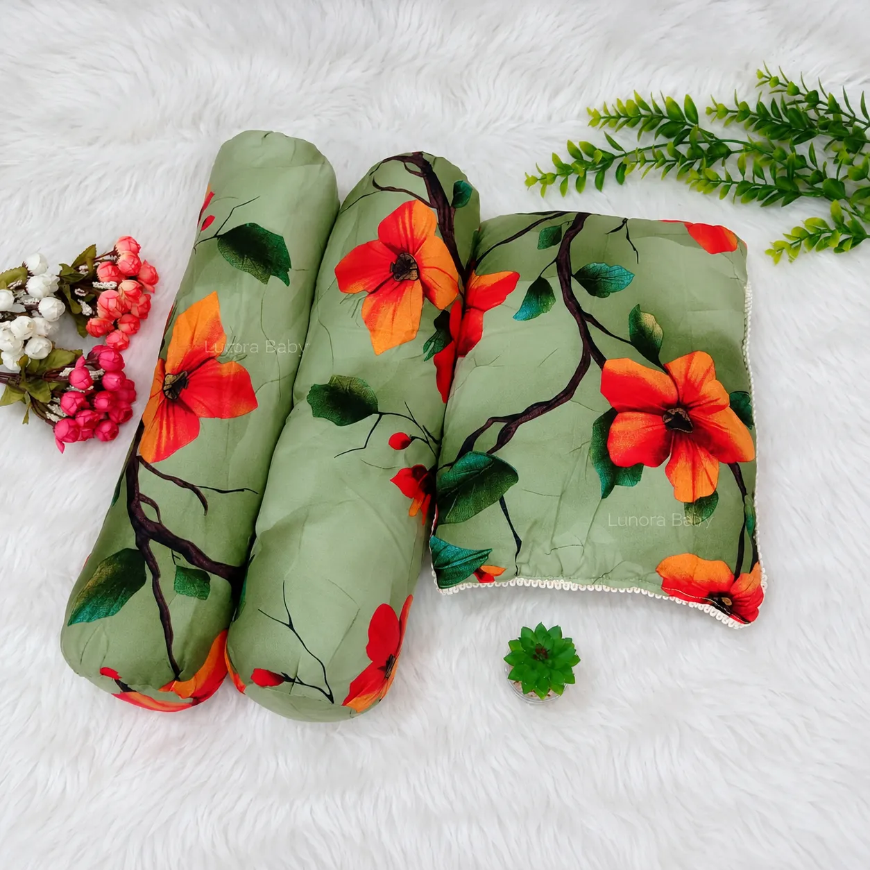 Premium Floral Baby Bolster & Pillow Set – 3 Pcs